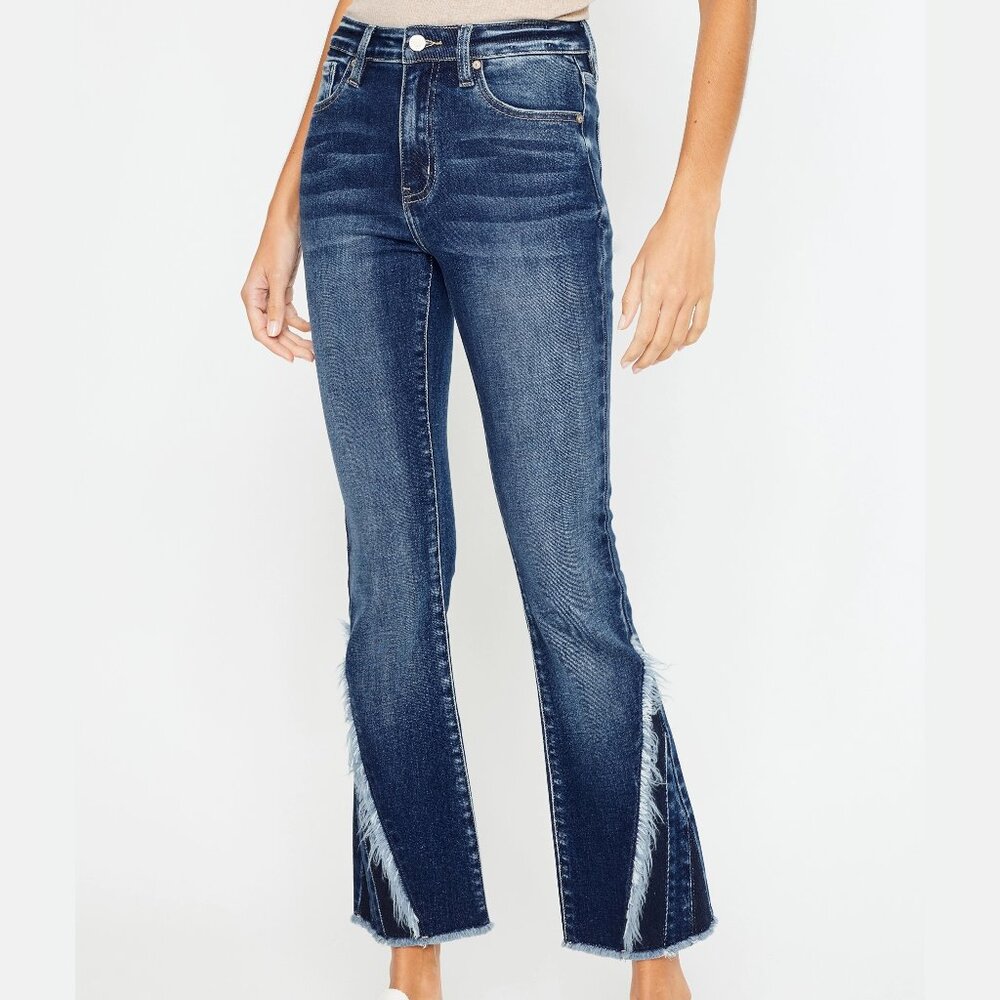 KANCAN High Rise Fray Piecing Inset Hem Ankle Flare Jean, Size 32 Long